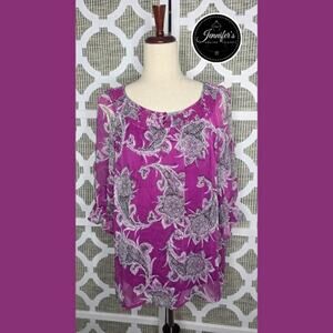Apt. 9 Fuchsia Floral Medallion Semi Sheer 3/4 Sleeve Blouse w/Tank Size M